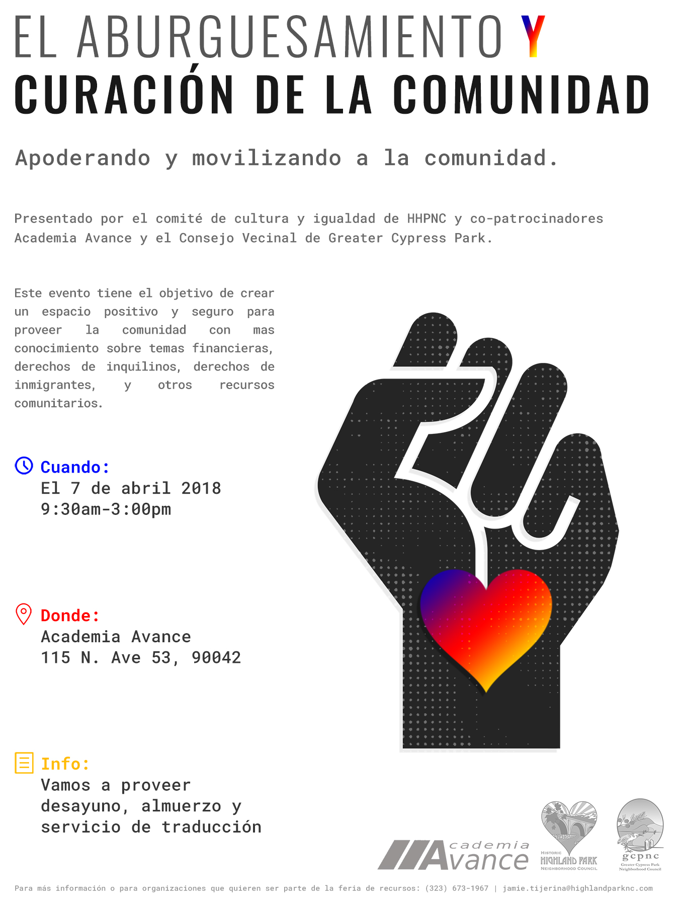 HHPNC & GCPNC Gentrification Forum April 7 (Spanish event flyer)